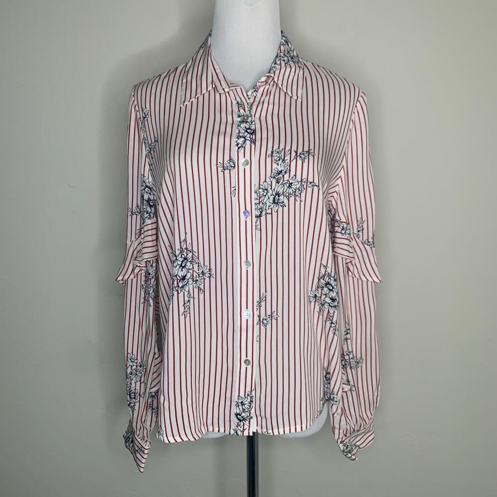 Red White Striped Floral Blouse Shirt Sz Medium
